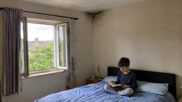 A room with an open window and mold spots in some corners
