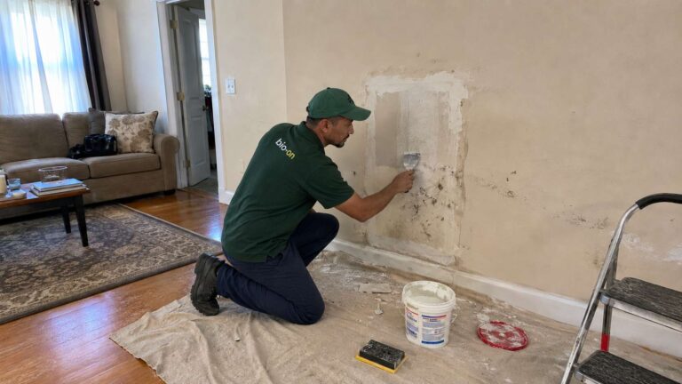 Bio on mold damage repair professional is fixing the client wall