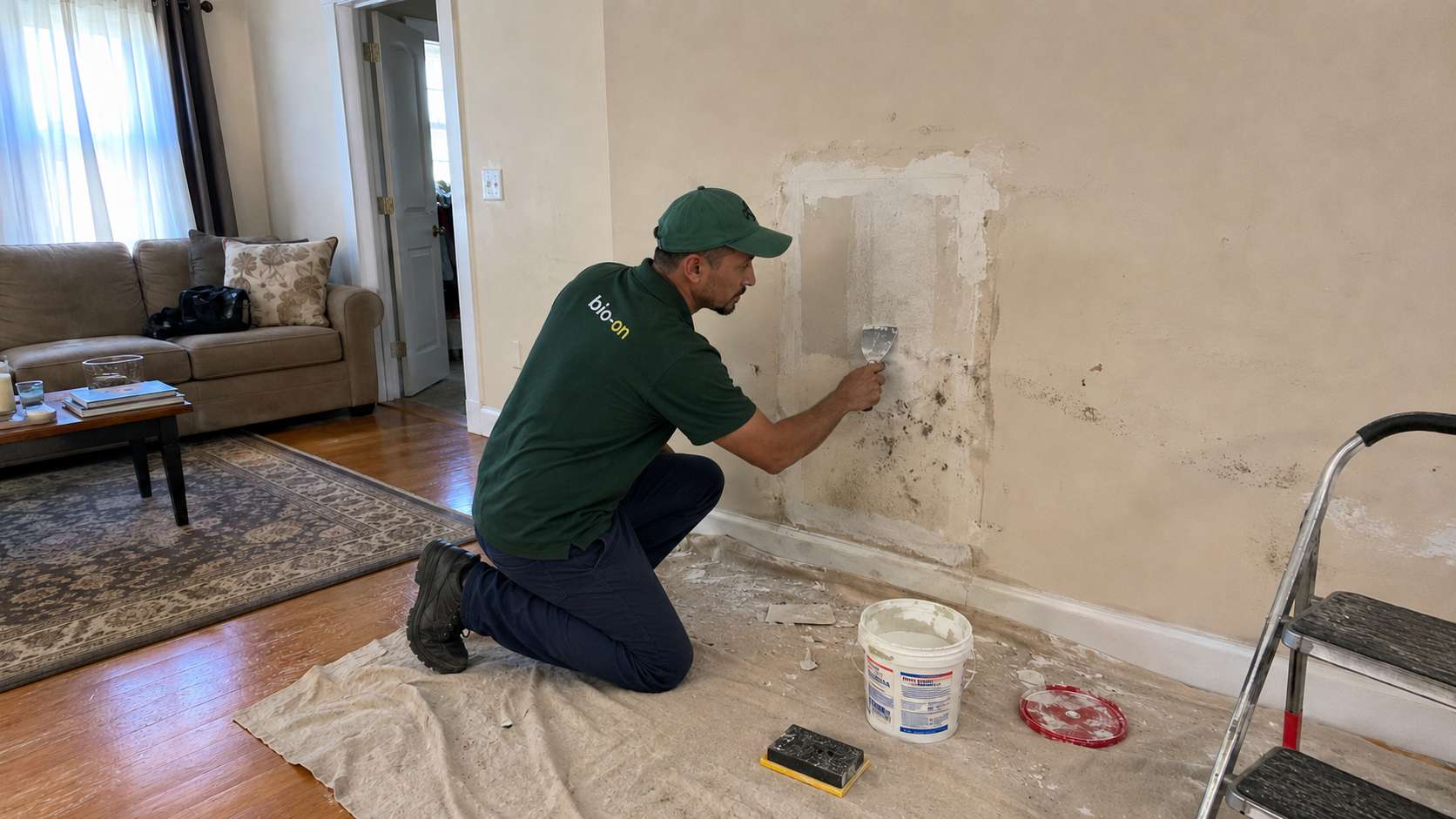 Bio on mold damage repair professional is fixing the client wall