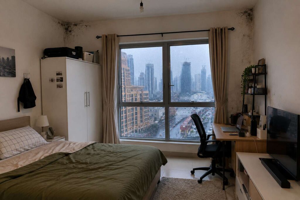 Closed window in a studio apartment in Dubai