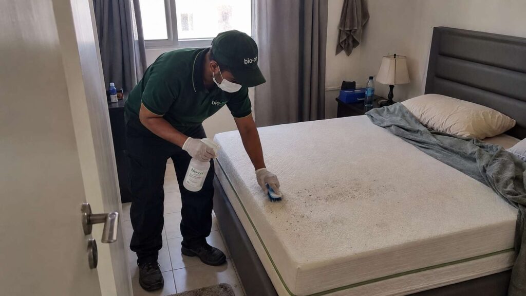 Bio-on cleaning professional is sanitizing the bed