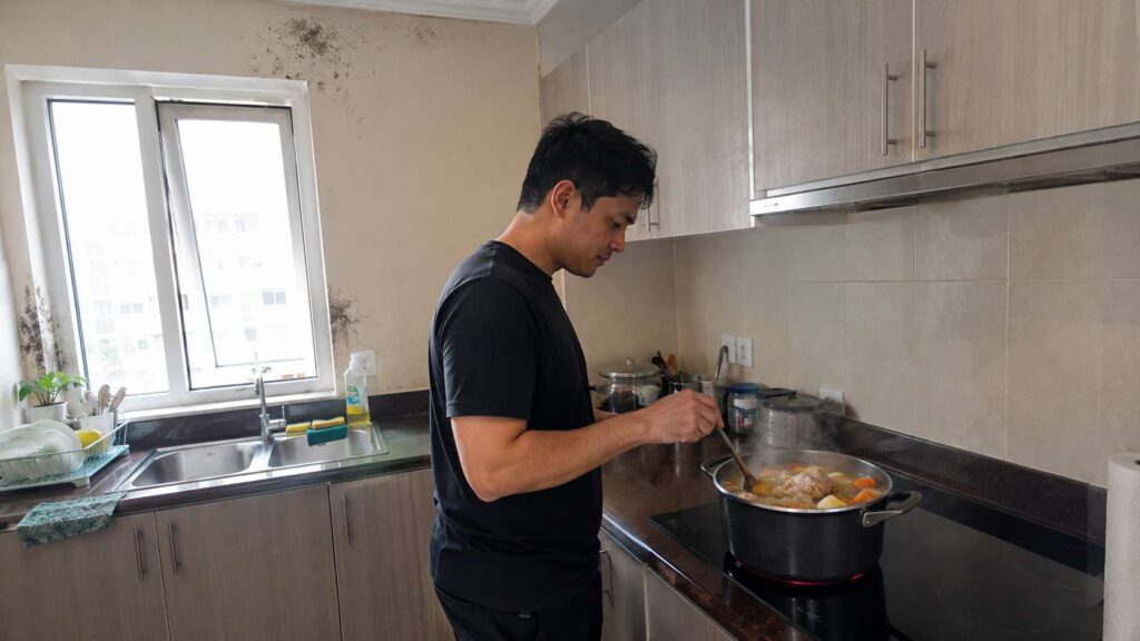 Kitchen dampness caused by any cooking activity can trigger mold growth