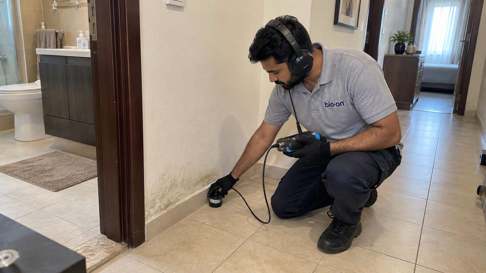 Technician using acoustic leak detection to locate a concealed plumbing leak in a UAE apartment