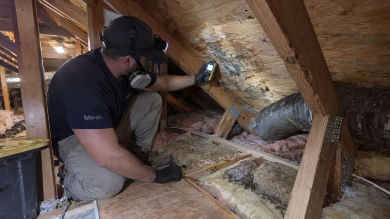Mold remediation specialist checking localized attic mold and damp insulation with a moisture meter.