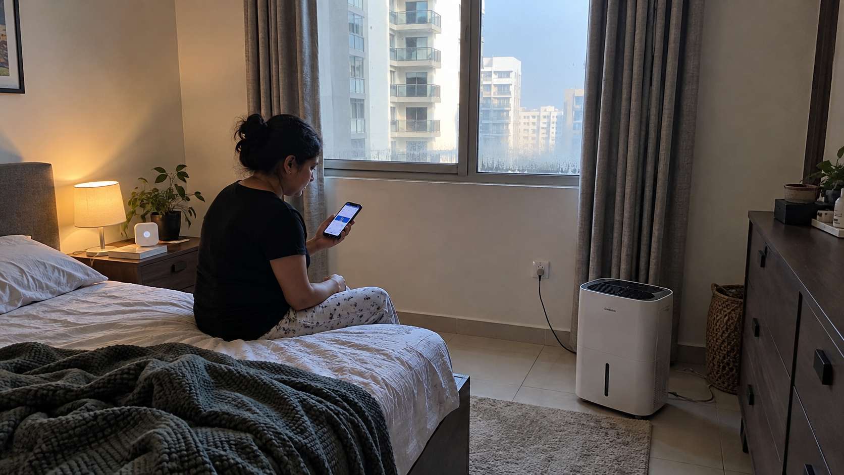 Smart humidity sensor automatically triggering a connected dehumidifier in a UAE bedroom
