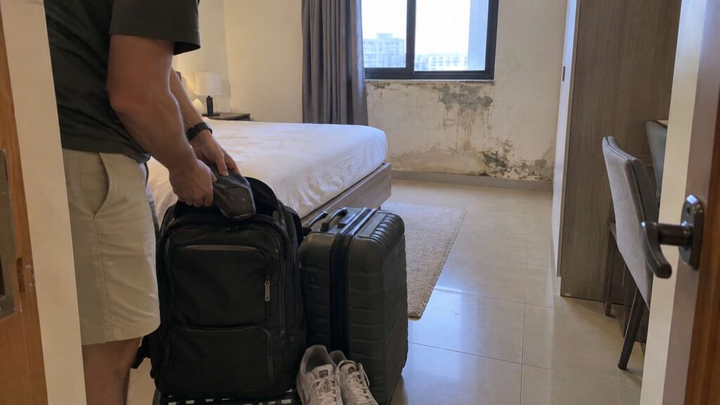Guest moving luggage and personal belongings away from a mold-damaged bedroom wall in a rental apartment.