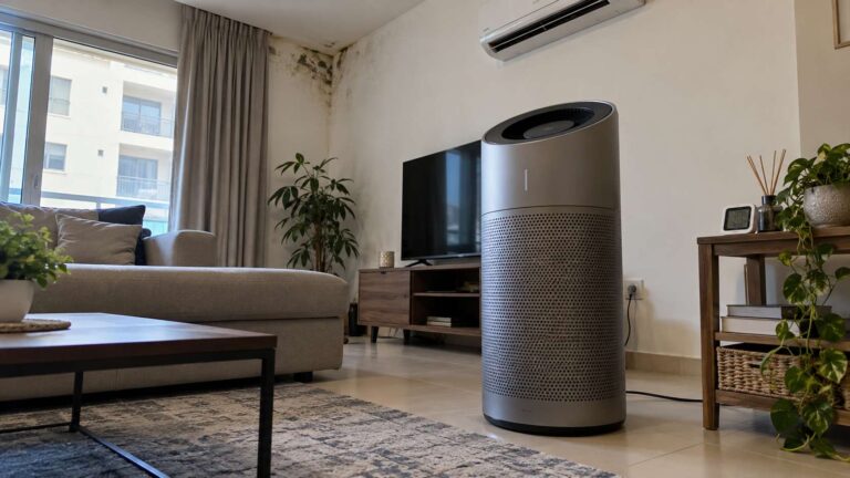 Large air purifier operating in a UAE living room with a small moisture-related mold area visible on a distant wall