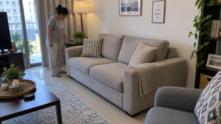 Humidity-friendly fabric sofa with airflow behind it in a UAE living room