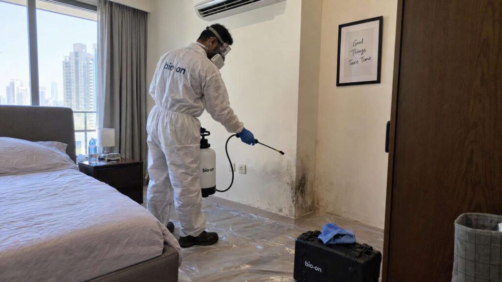 Bio On Mold Cleaner is doing their job with safety gear in an apartment unit