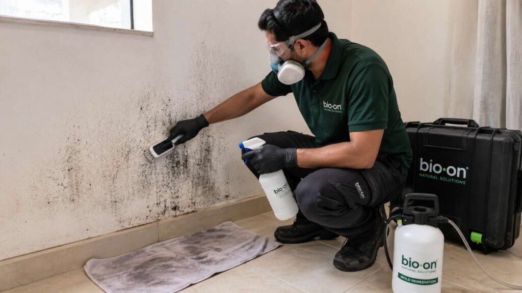 Bio-On crew is cleaning mold off a wall