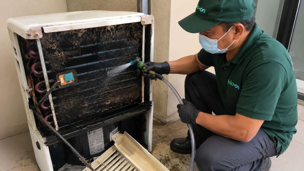 A man cleaning a filter of a dehumidifier