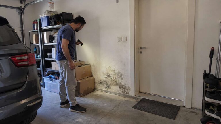 Mold growing in an attached garage near the door connecting to a UAE home