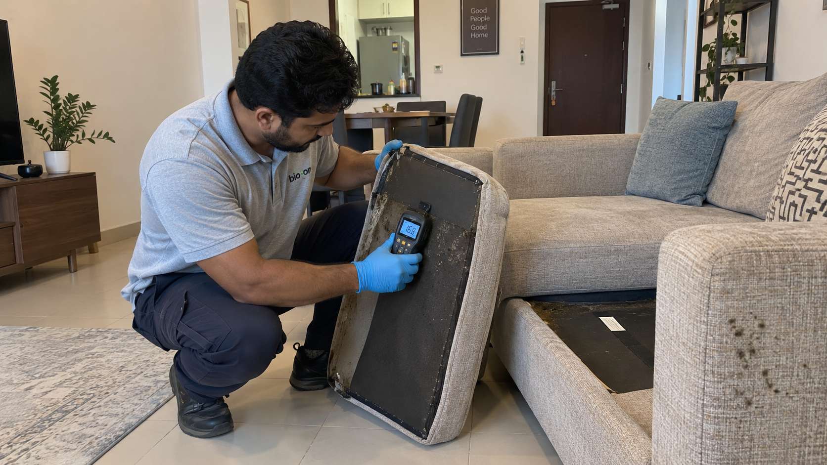 Bio-On technician checking moisture inside a mold-affected couch to assess whether it can be restored
