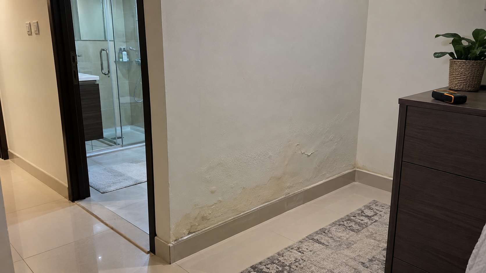 Bubbling paint and damp staining on the wall behind a shower in a UAE home
