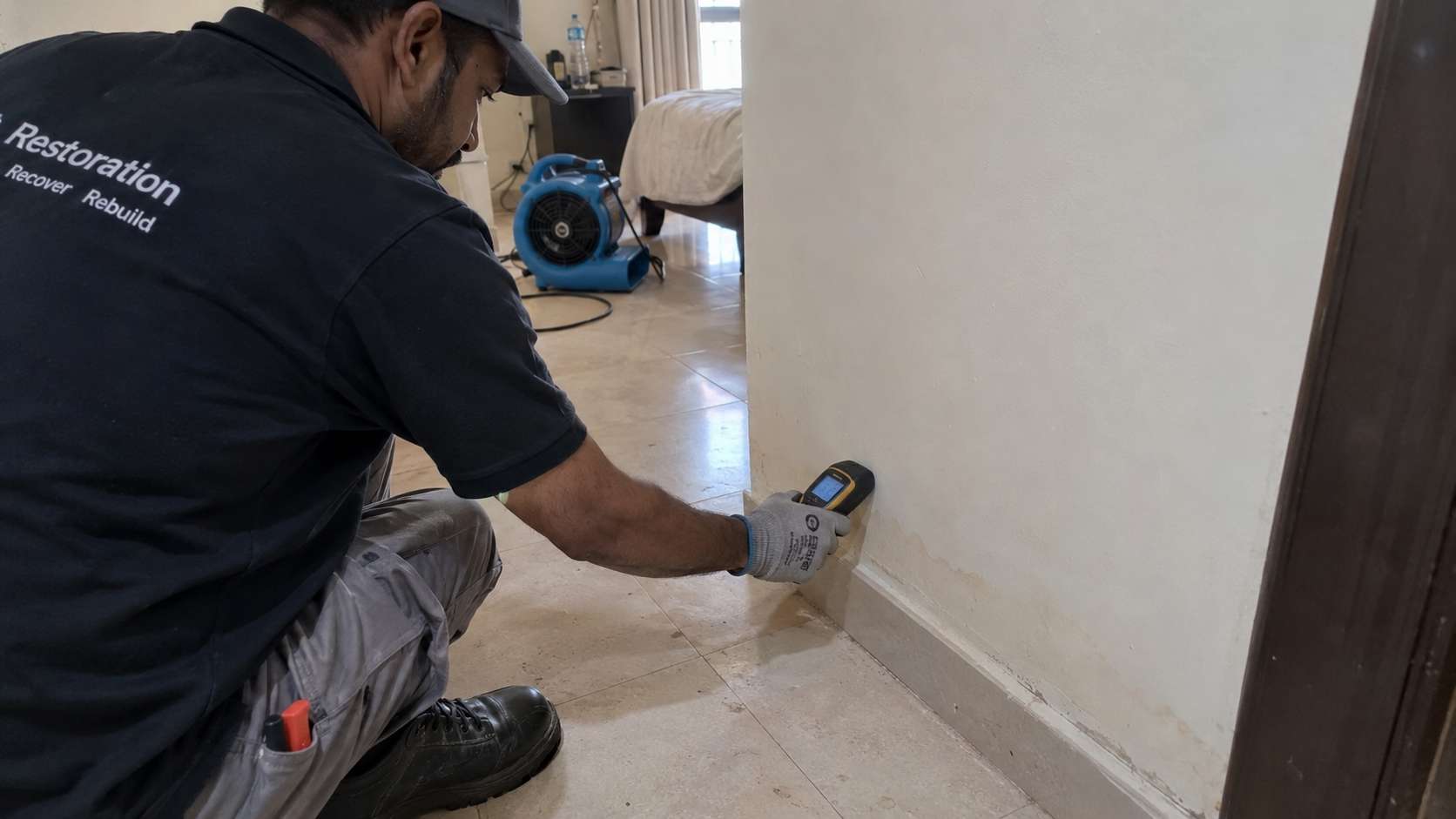 Restoration technician checking a flood-damaged lower wall with a handheld moisture meter.