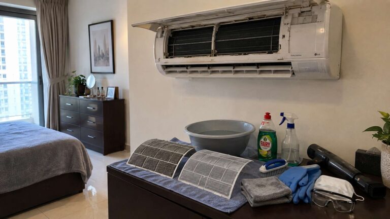 Split AC with removable filters, cloths, mild cleaner, and basic safety gear prepared for light mold cleaning