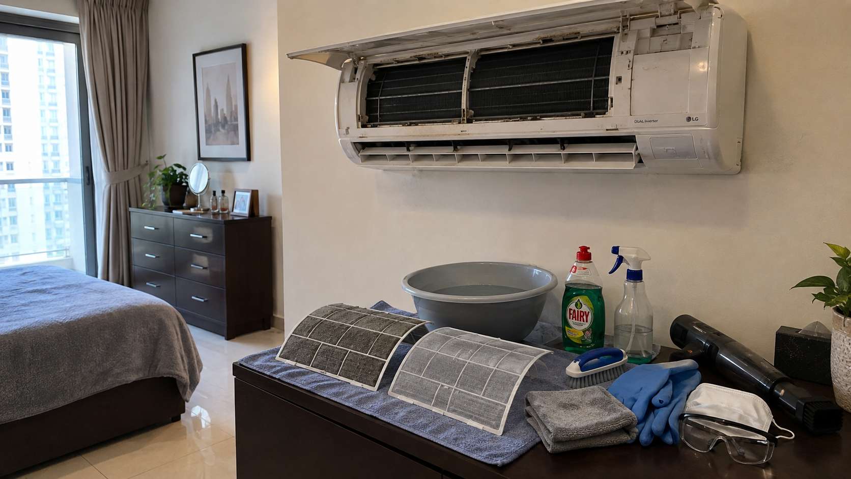Split AC with removable filters, cloths, mild cleaner, and basic safety gear prepared for light mold cleaning