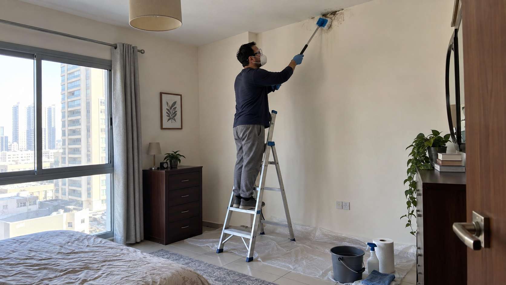 Homeowner safely cleaning a small mold patch high on a ceiling wall using a stable ladder and protective equipment