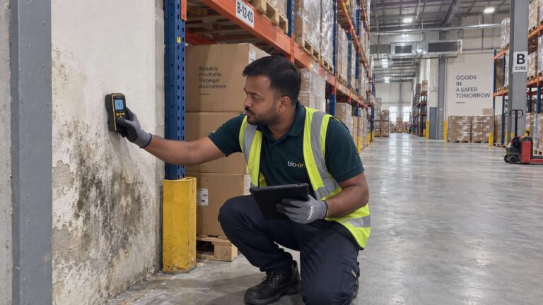 Bio-On technician inspecting mold and moisture damage inside a commercial warehouse in the UAE