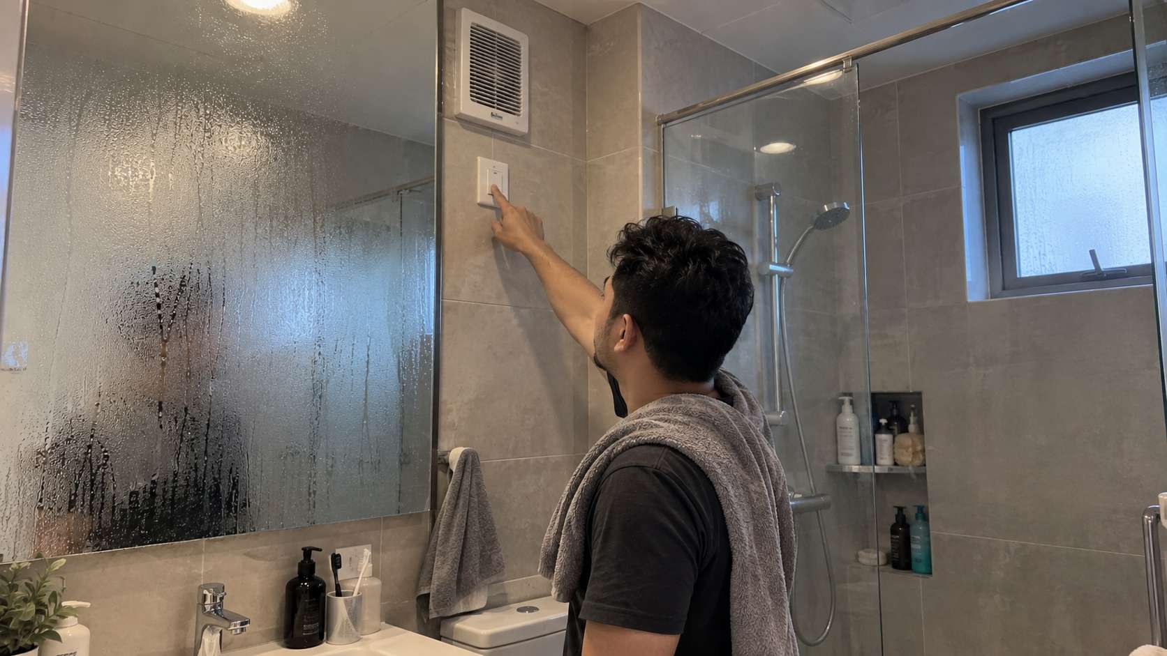 Homeowner reducing bathroom condensation by improving ventilation in a UAE apartment