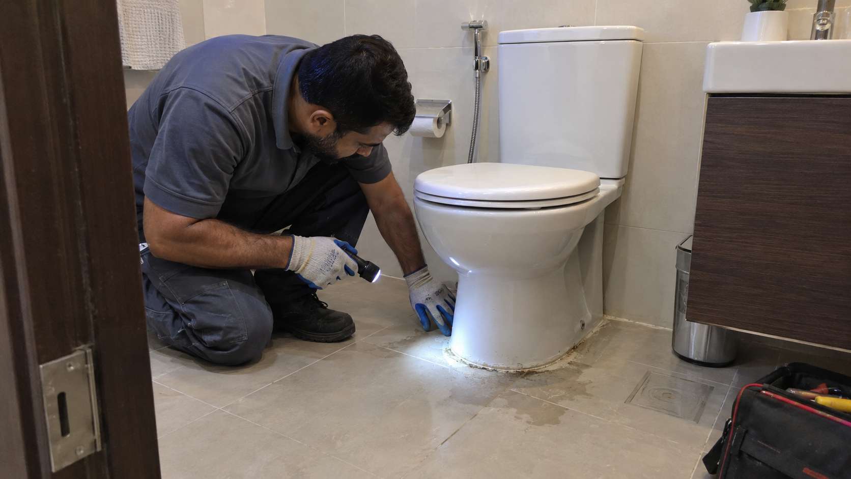 Plumber inspecting a damaged toilet seal causing sewage smell and moisture in a UAE bathroom