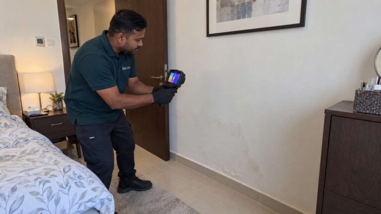 Bio-On technician using thermal imaging to inspect a water-damaged wall for hidden moisture in a UAE apartment