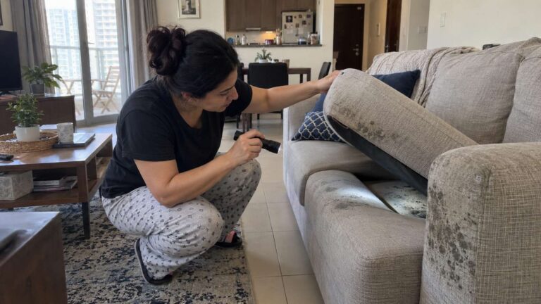 Homeowner inspecting mold on a fabric couch and checking beneath the cushions in a UAE apartment