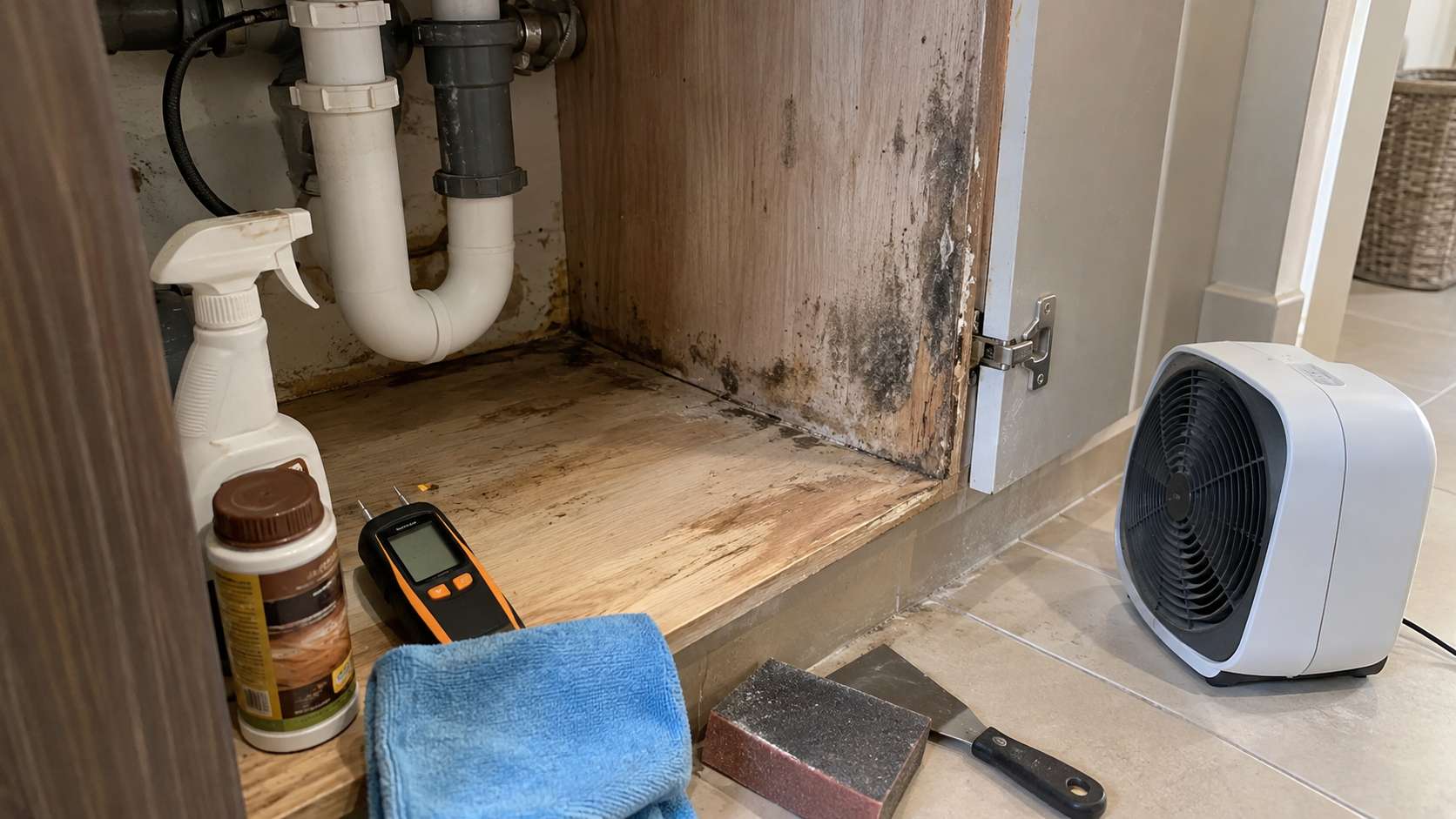 Damp mold-affected wood drying before sealant application in a UAE home