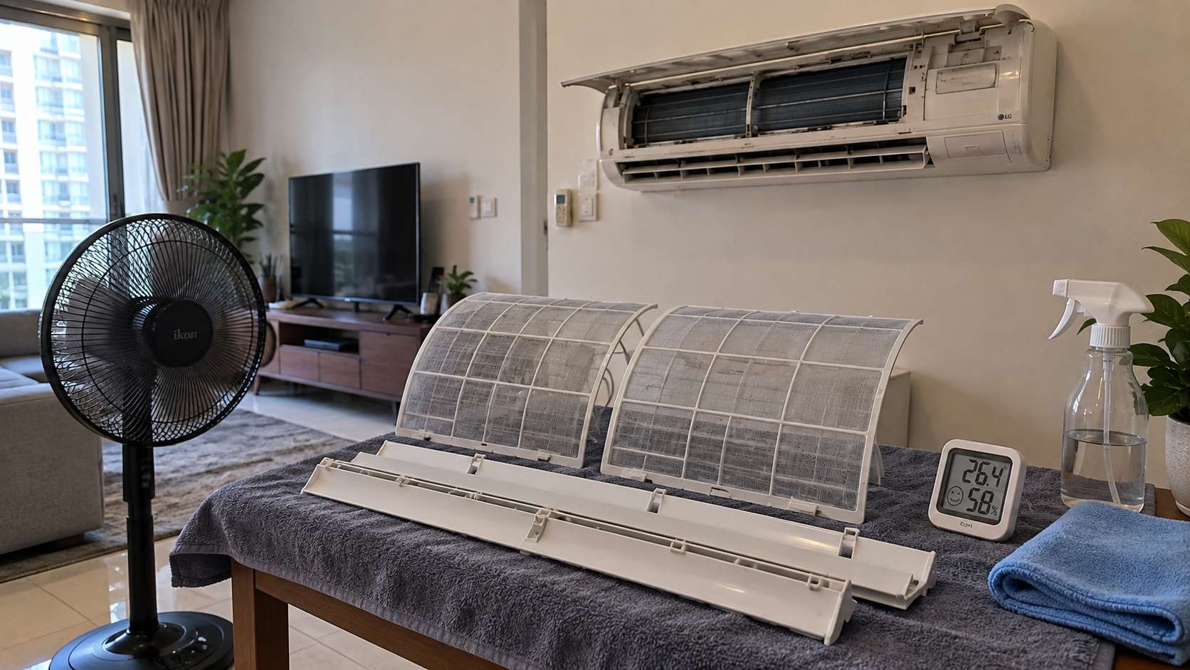 Freshly cleaned split AC filters drying on towels before being reinstalled in a UAE home
