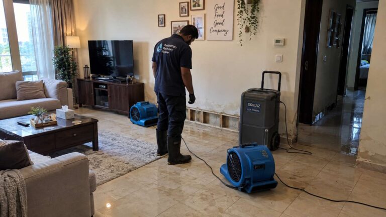Flood-damaged residential room being dried with air movers and a dehumidifier after water extraction.
