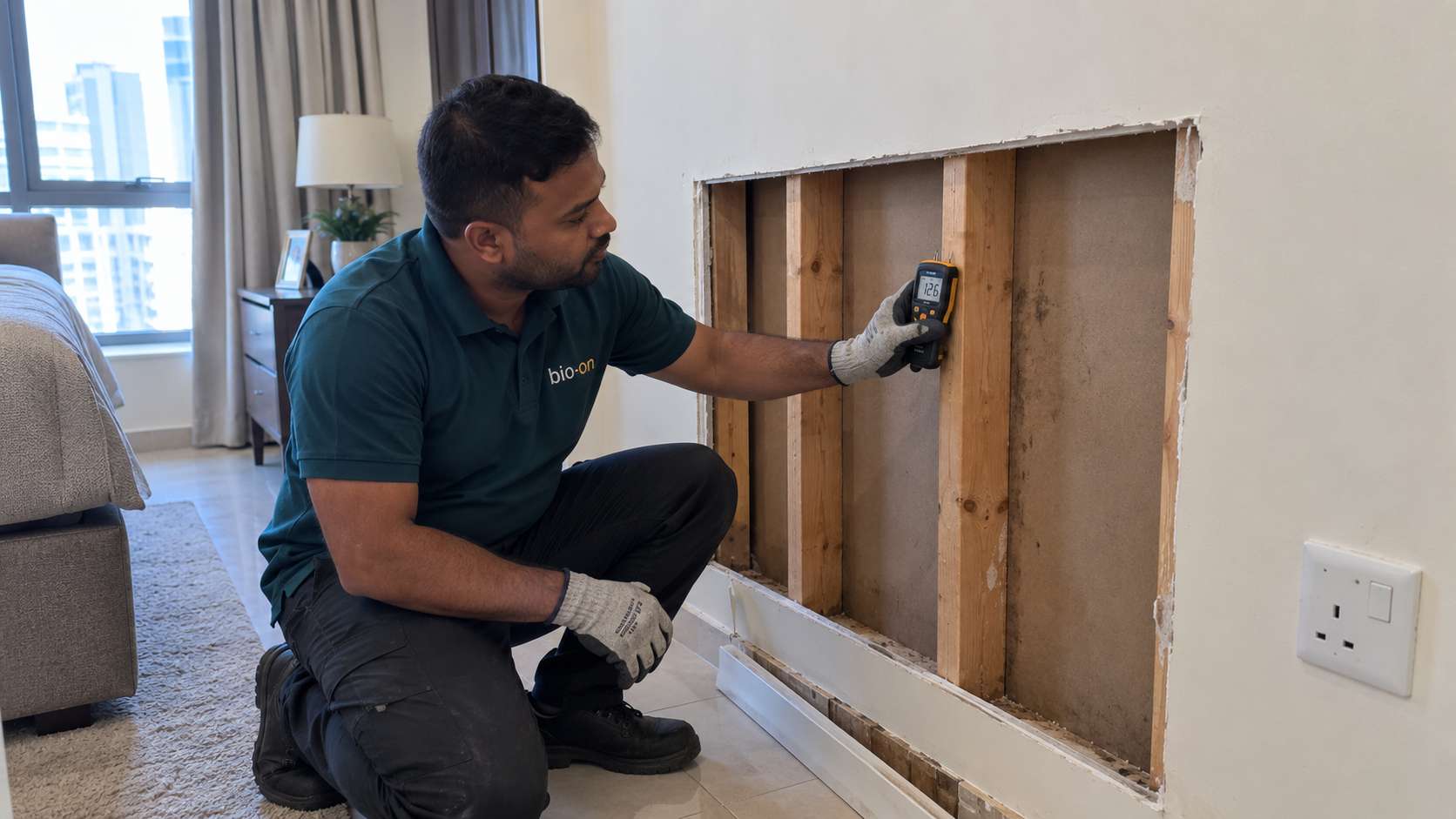 Bio-On technician checking exposed wall framing with a moisture meter after mold-damaged drywall has been removed.