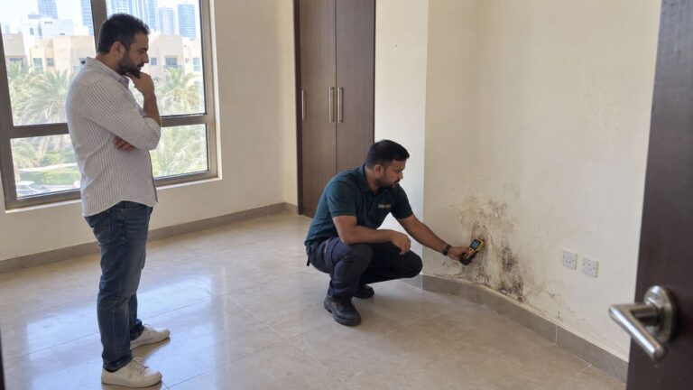 Property buyer and inspector evaluating localized mold and moisture damage inside a home.