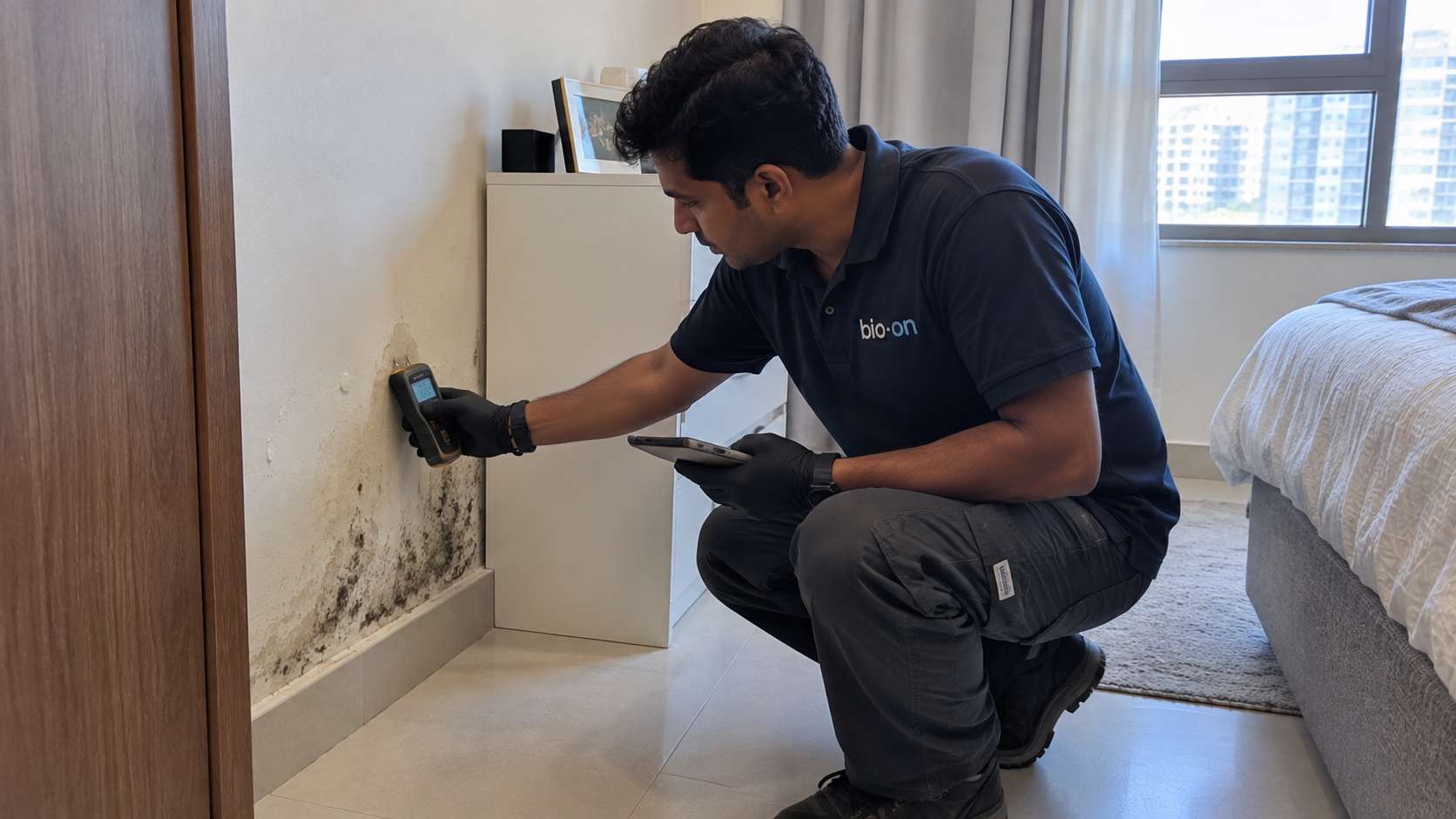 Bio-On technician checking moisture behind localized mold growth in a UAE apartment