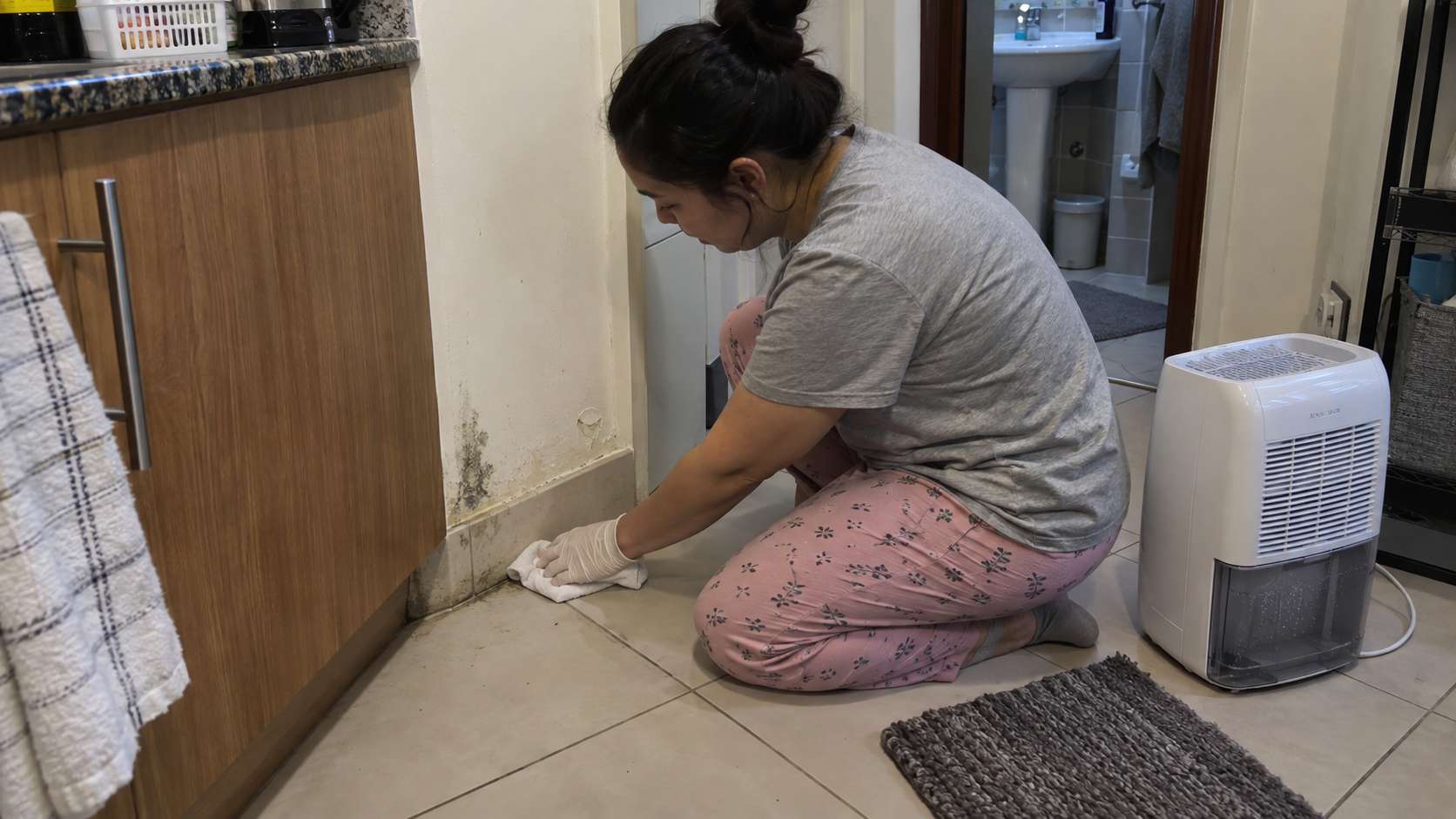 Homeowner reducing moisture near mold and springtails in a UAE apartment