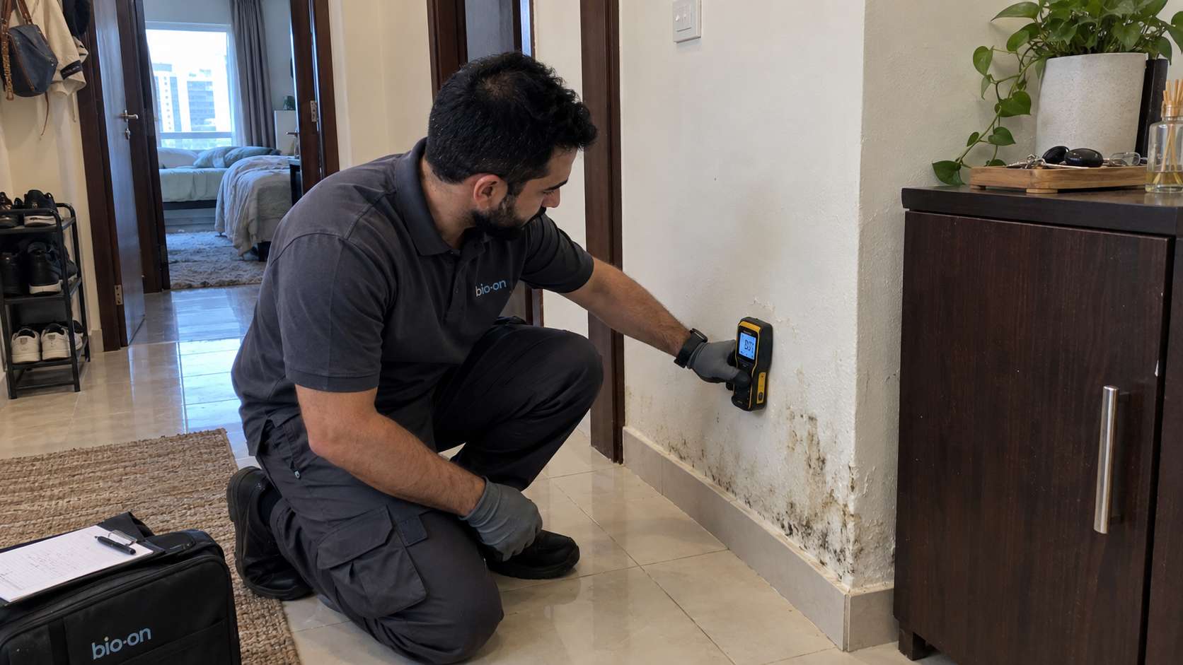 Bio-On specialist checking moisture where mold returned after remediation in a UAE apartment