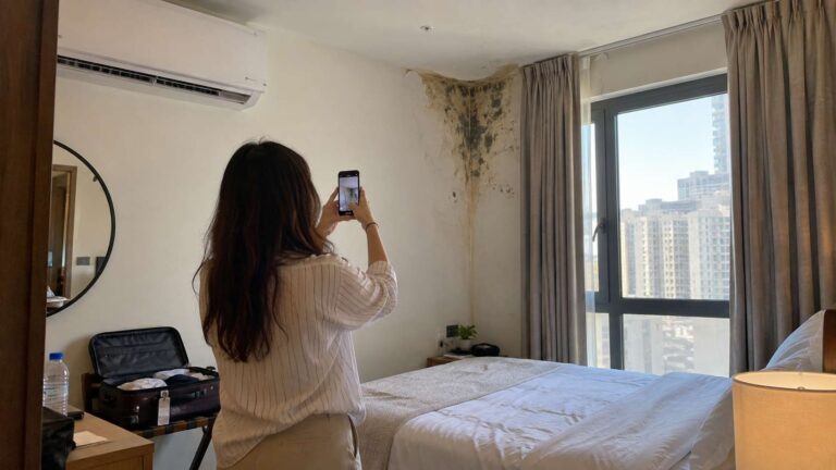 Airbnb guest photographing mold and moisture damage on a bedroom wall beside an unpacked suitcase.