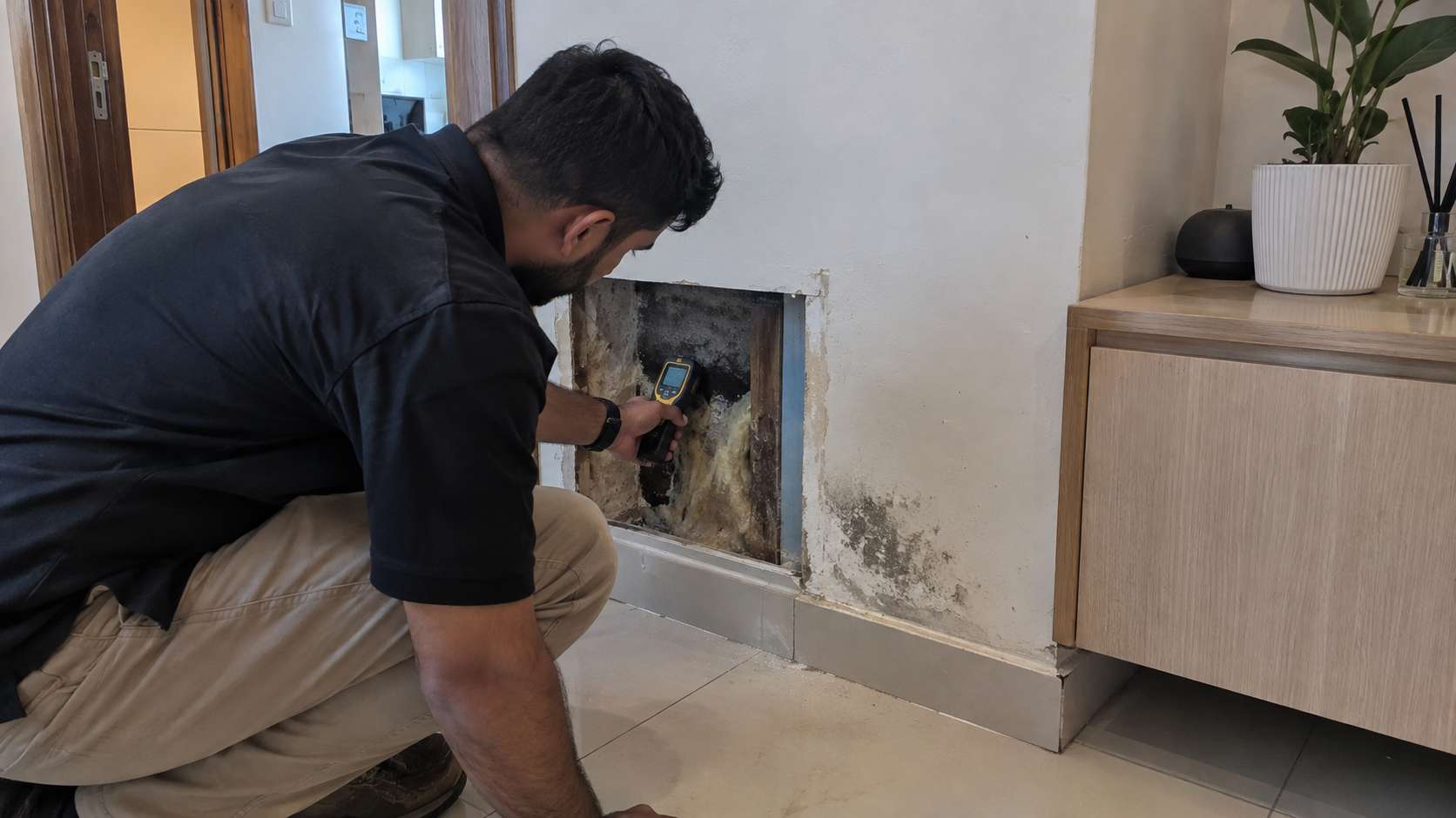 Inspector examining concealed moisture damage behind a wall with a small visible mold patch nearby.