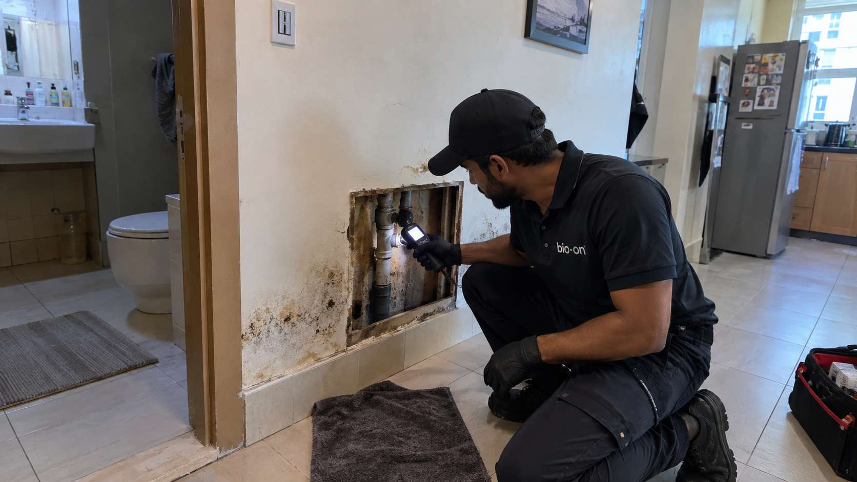 Technician inspecting a hidden plumbing leak behind a mold-damaged wall in a UAE apartment