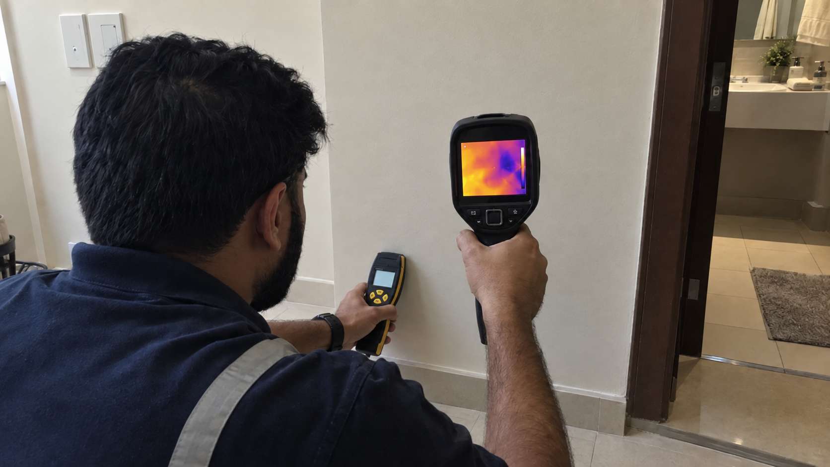 Thermal camera showing an irregular temperature pattern on an otherwise normal-looking wall.