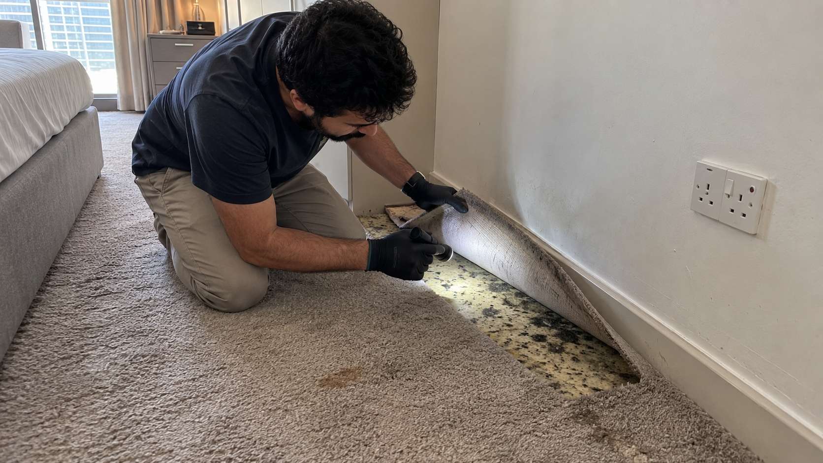 Hidden mold and dampness discovered under carpet padding in a UAE home