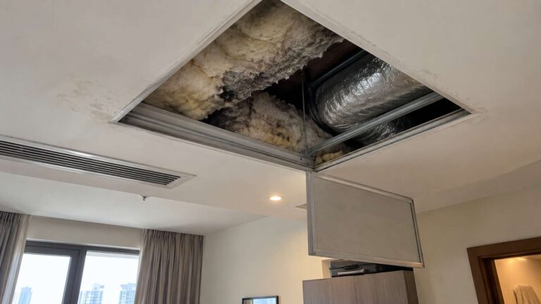 Moldy damp insulation hidden above a gypsum ceiling near an AC duct in a UAE apartment
