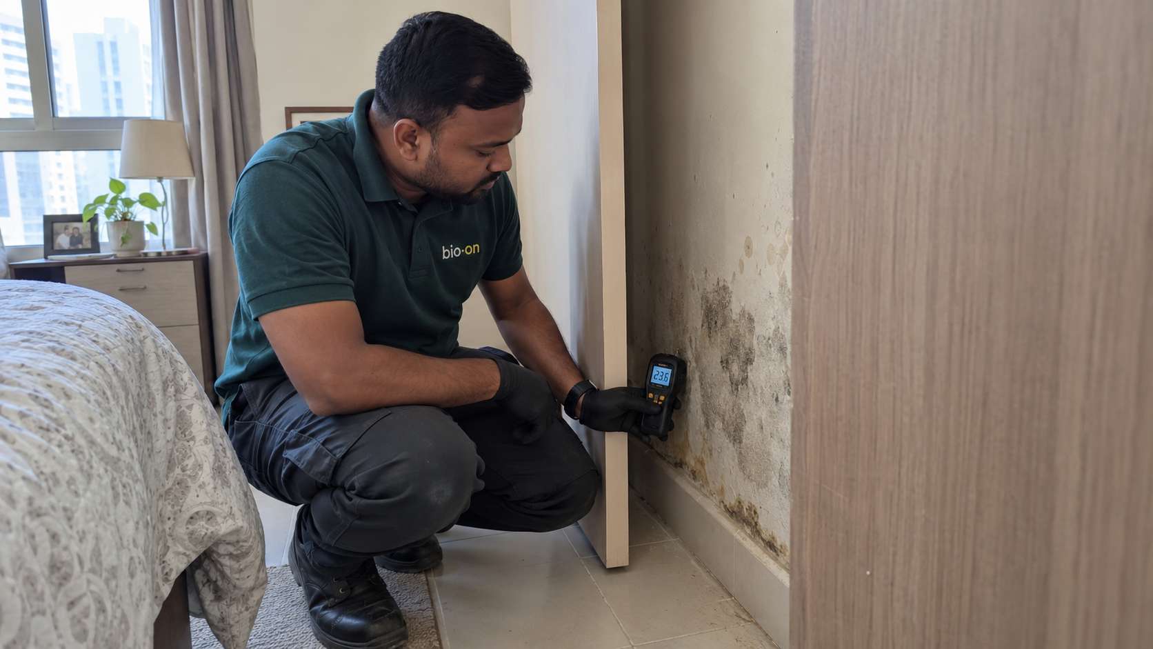 Bio-On technician inspecting localized mold and moisture hidden behind furniture against a wall.