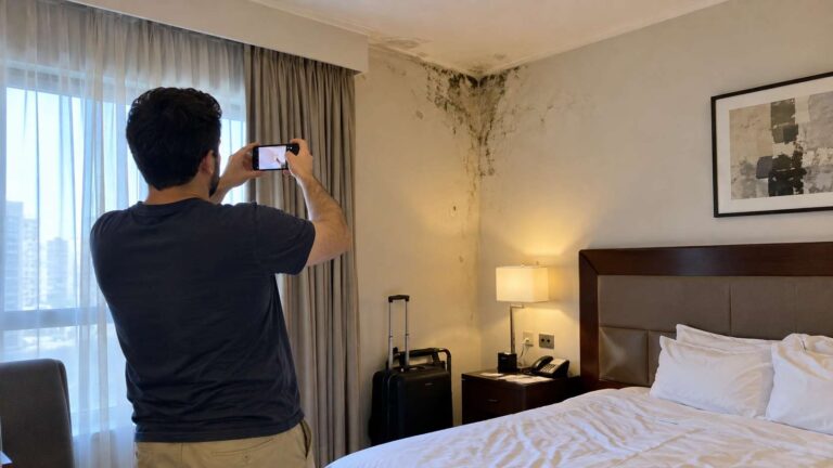 Hotel guest documenting visible mold and moisture damage in a hotel room