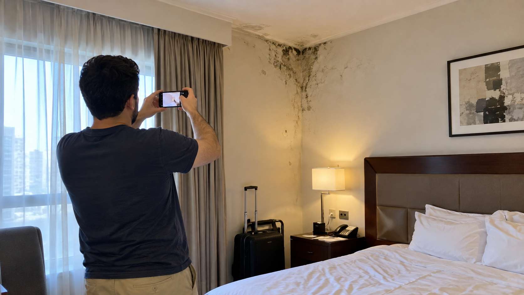 Hotel guest documenting visible mold and moisture damage in a hotel room