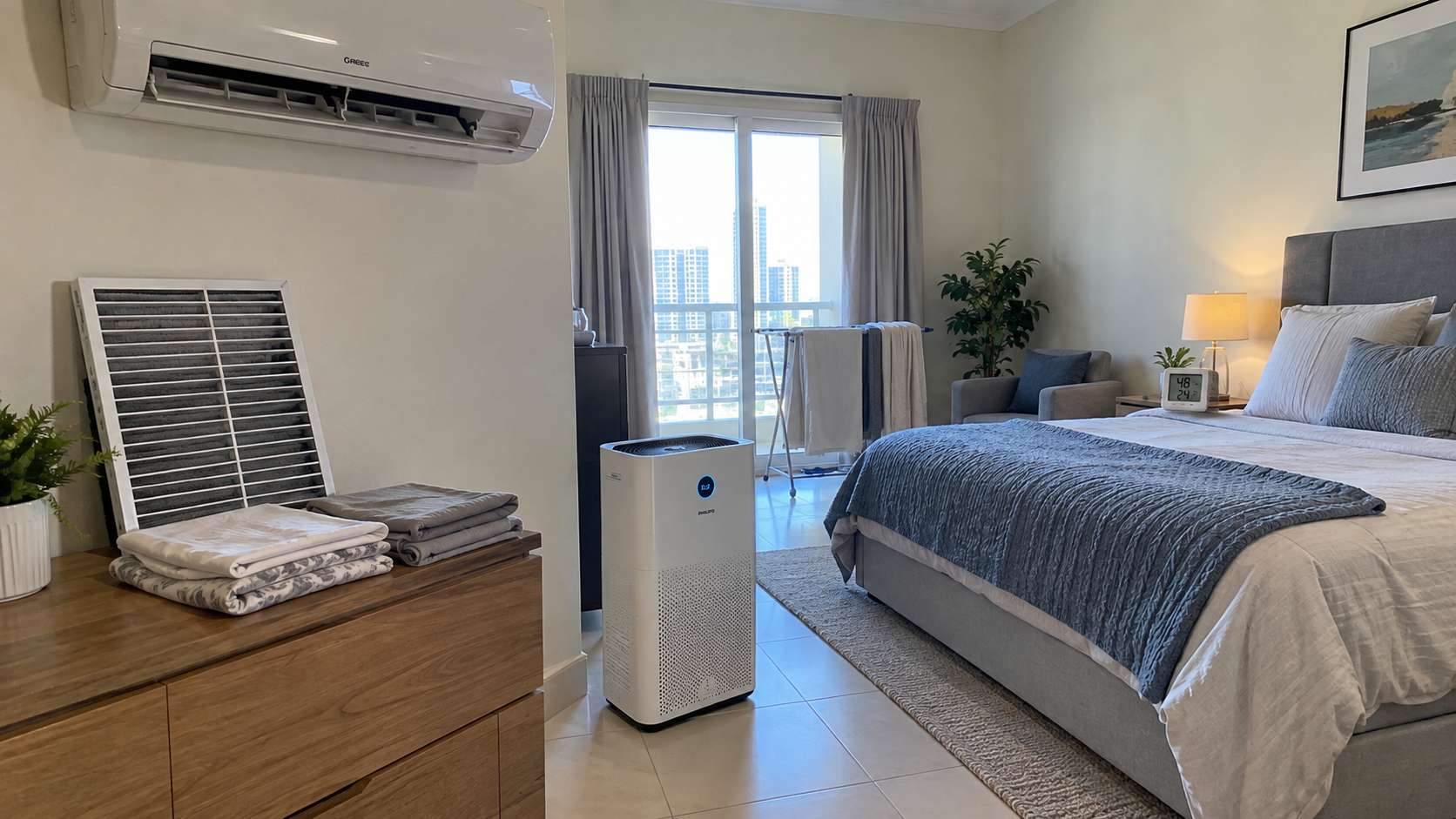 HEPA air purifier, clean AC filter, and humidity monitor in a dry UAE room after mold removal