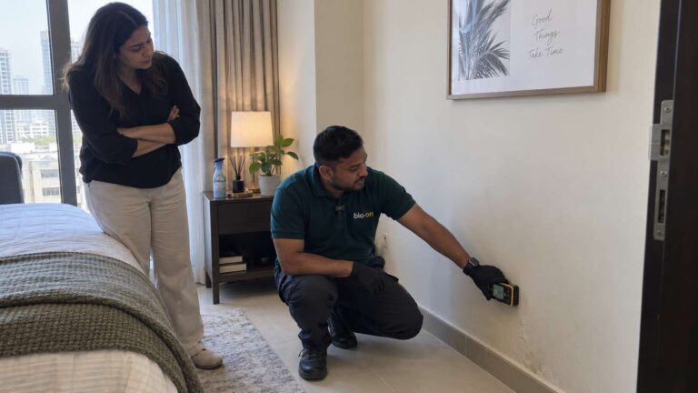 Bio-On technician checking for hidden moisture in a room where an air freshener has failed to solve a musty smell.