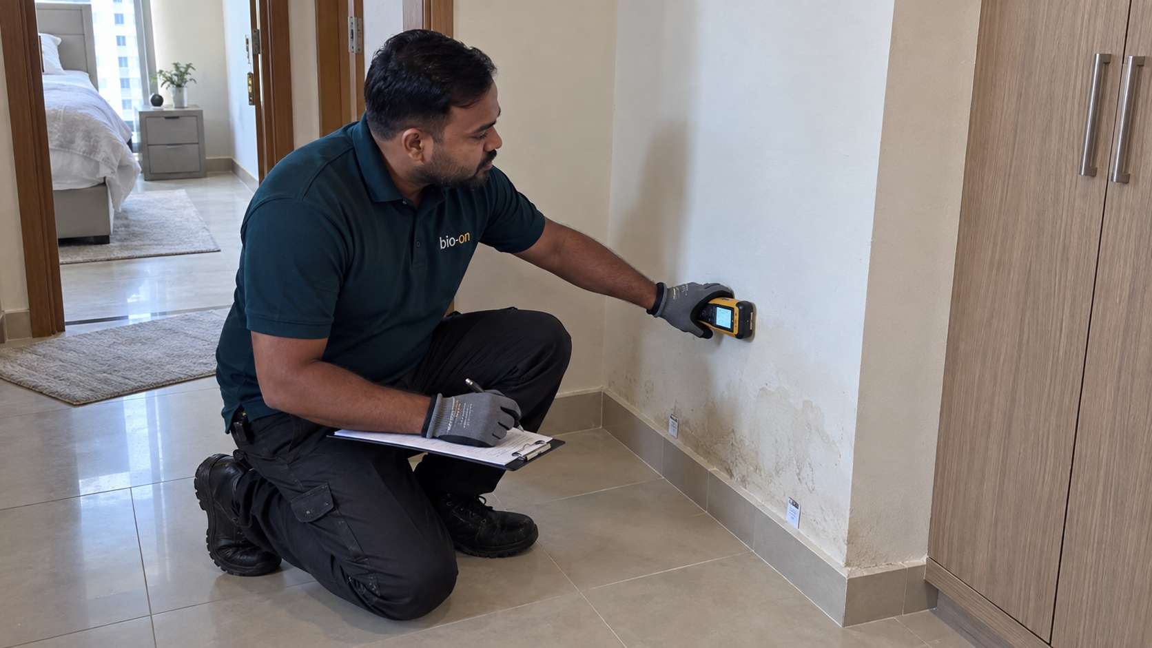 Bio-On technician using a moisture meter to map hidden water damage inside a UAE apartment
