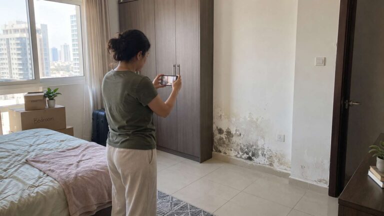 Homeowner photographing mold and moisture damage after purchasing an old apartment in the UAE