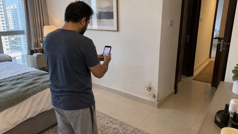 Homeowner documenting mold that has returned on a previously remediated wall in a UAE apartment