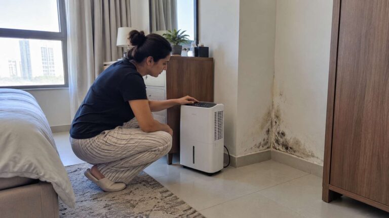 Homeowner checking indoor humidity near localized mold growth in a UAE apartment